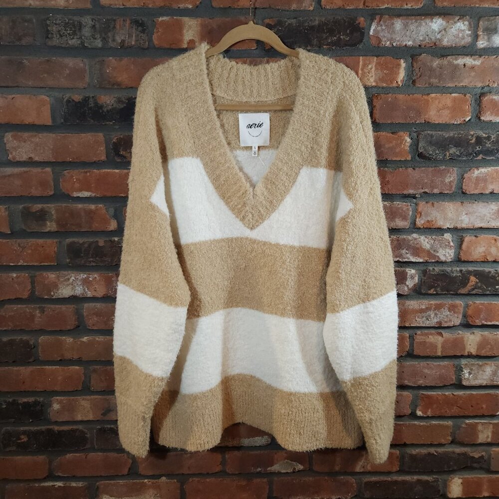 Aerie Oversized Boucle Striped V-neck Sweater Neutral Coastal Women's XL NWT - Picture 4 of 9